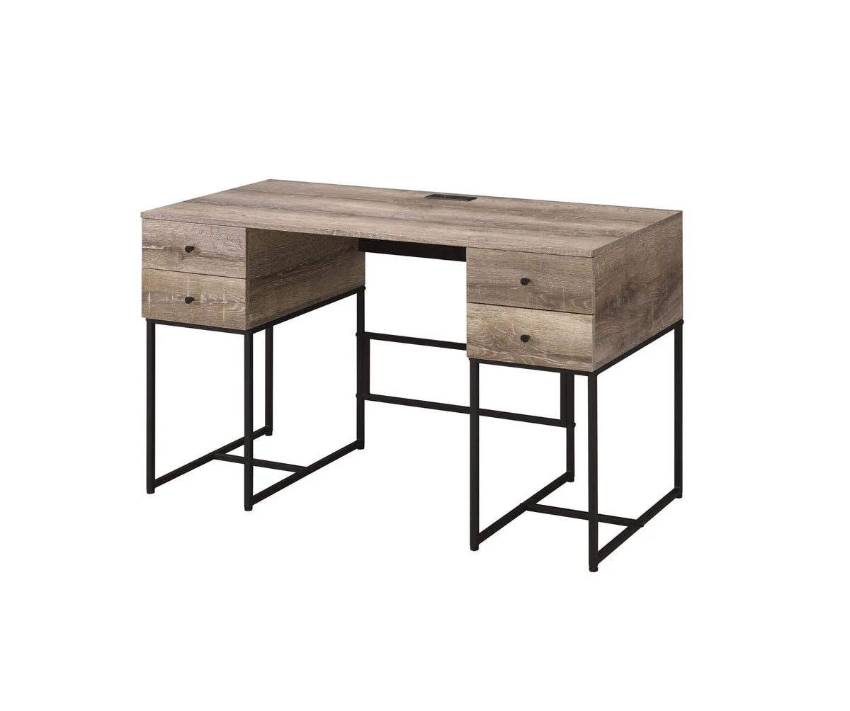 Desirre Writing Desk With USB Port | Oak Finish | Four Storage Drawers | Contemporary Metal Base