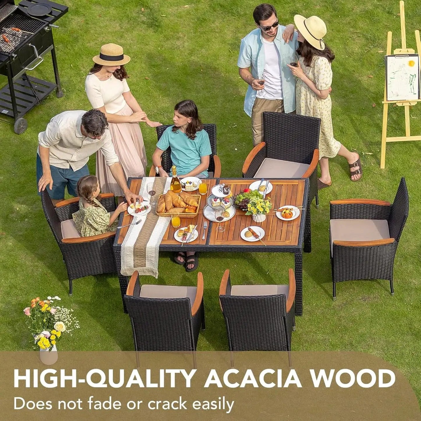 7 Piece Patio Dining Set Acacia Wood Table Black Rattan from PriceLows™