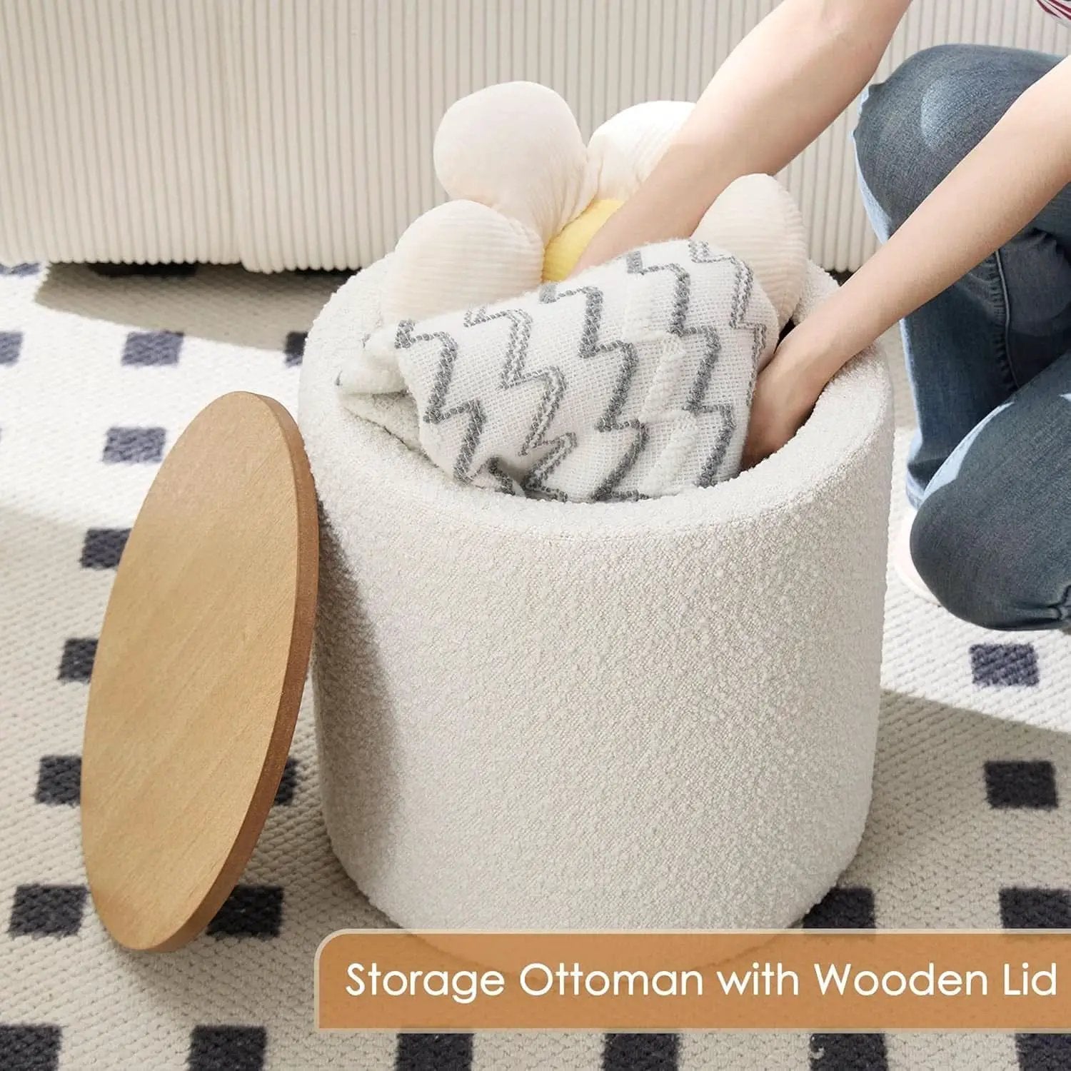 Circular Storage Ottoman Sixteen Inch White Boucle from PriceLows™