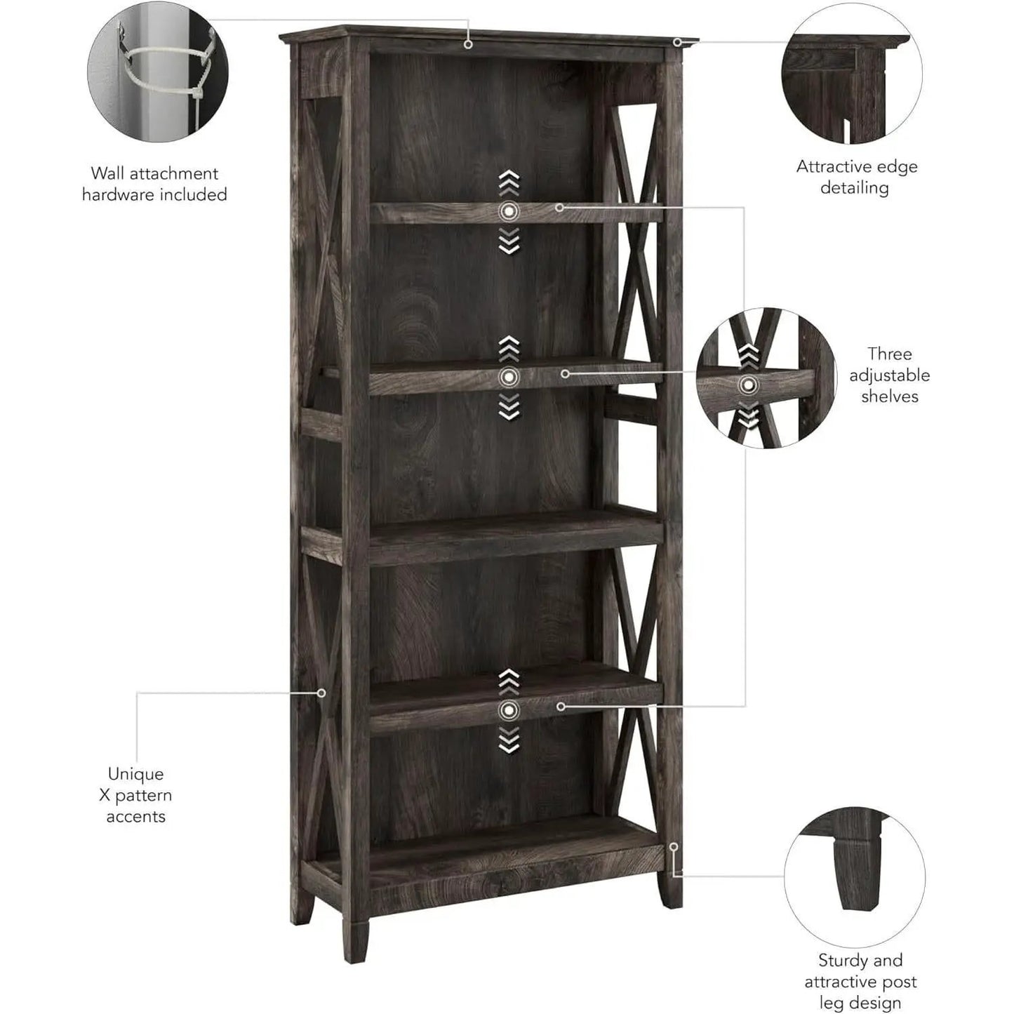 Bush Furniture Tall 5 Shelf Bookcase Dark Gray Hickory from PriceLows™