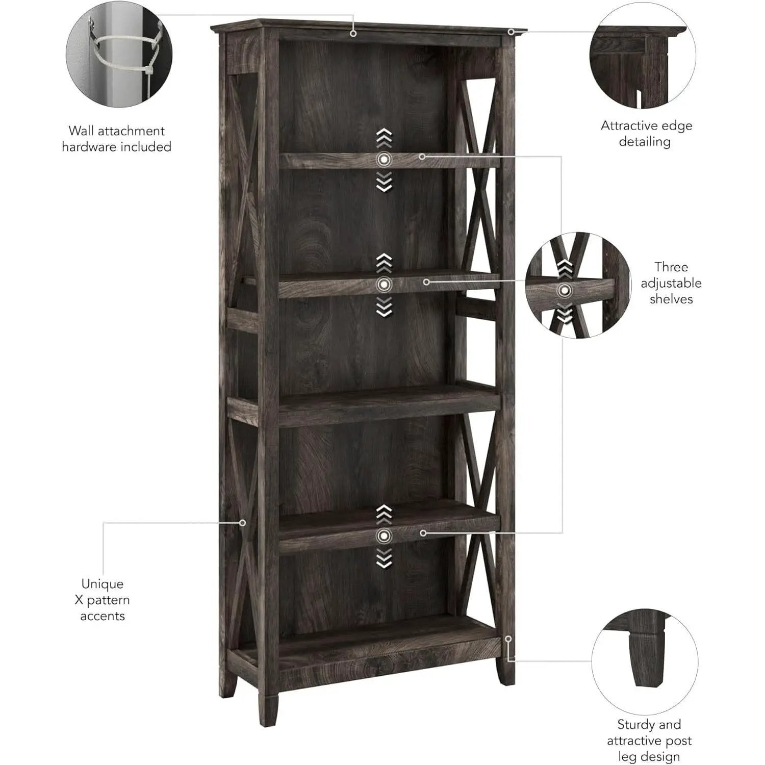 Bush Furniture Tall 5 Shelf Bookcase Dark Gray Hickory from PriceLows™