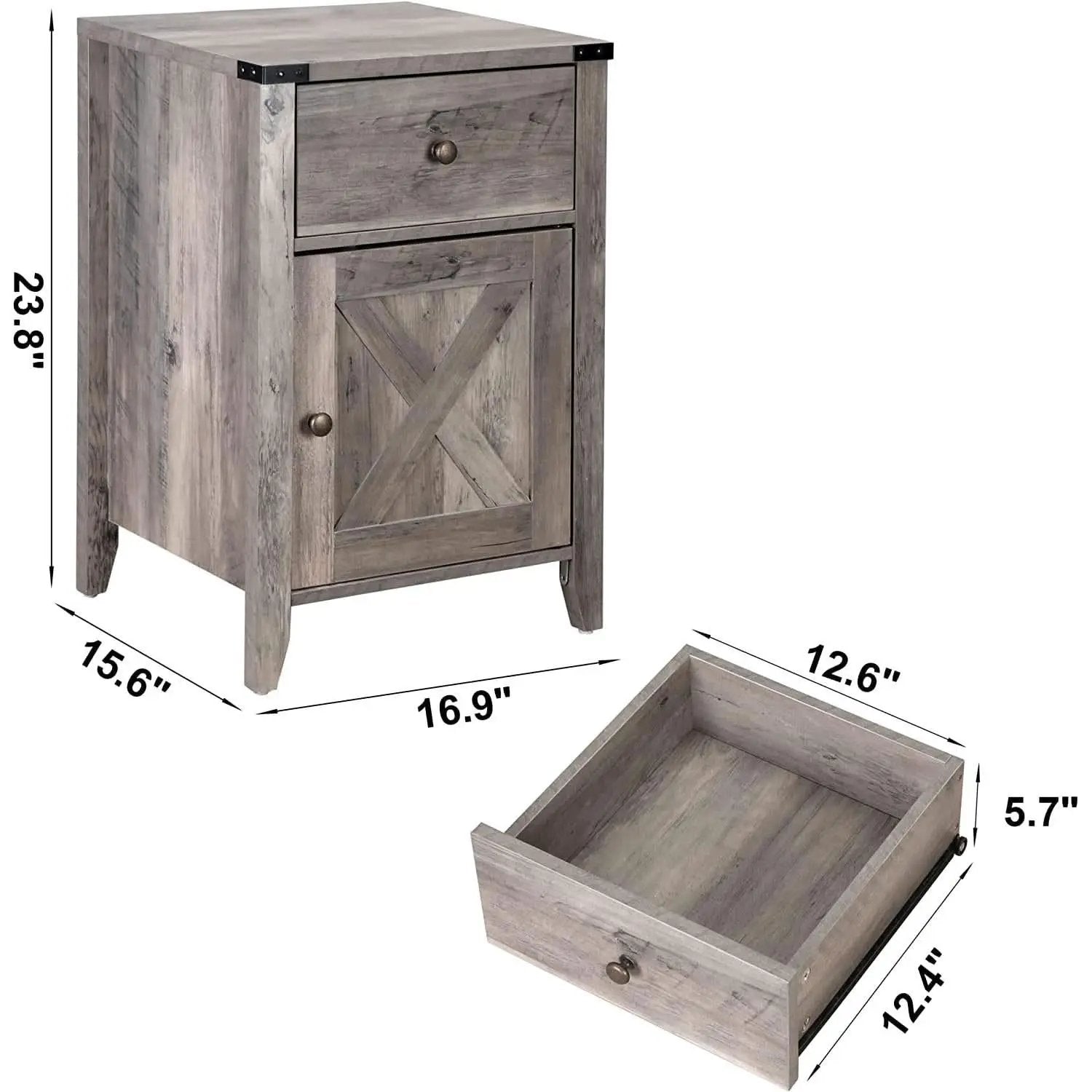 Barnwood Rustic Nightstand With X Shaped Barn Doors Grey from PriceLows™