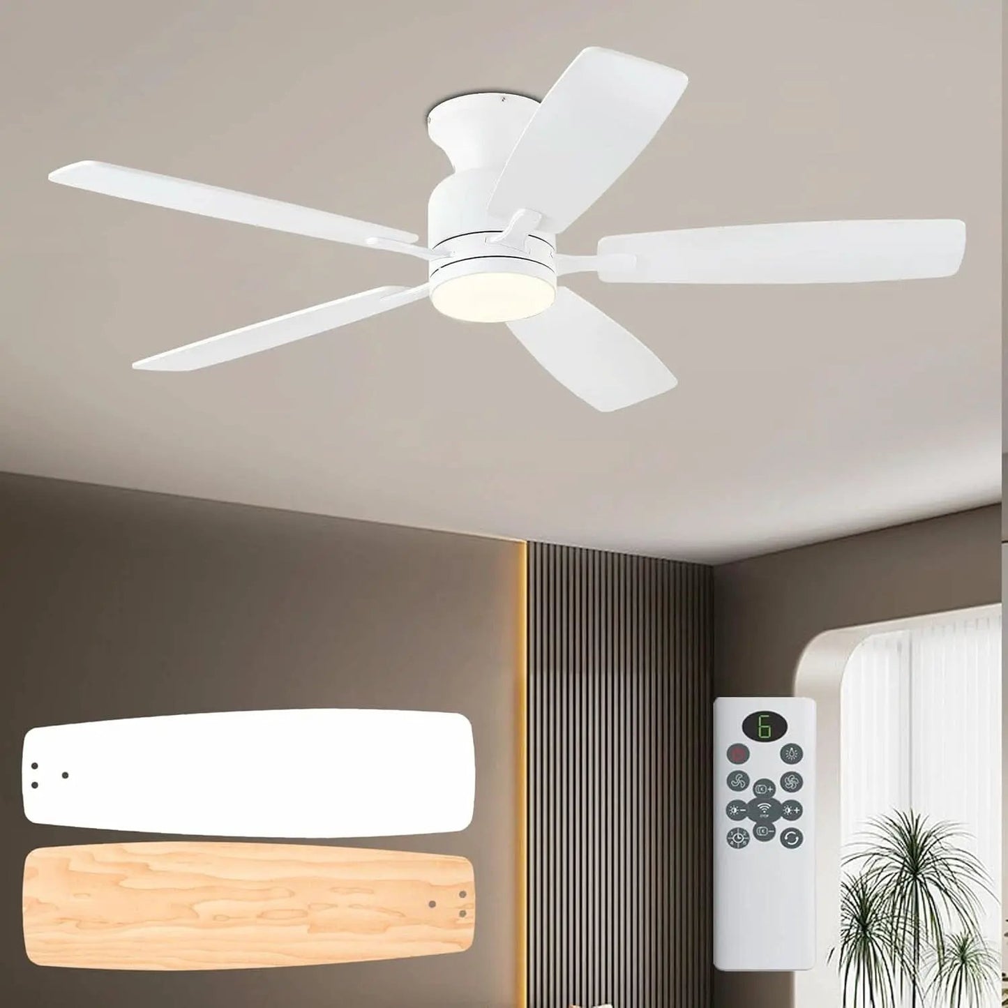 52 Inch Flush Mount Ceiling Fan Remote App Control from PriceLows™