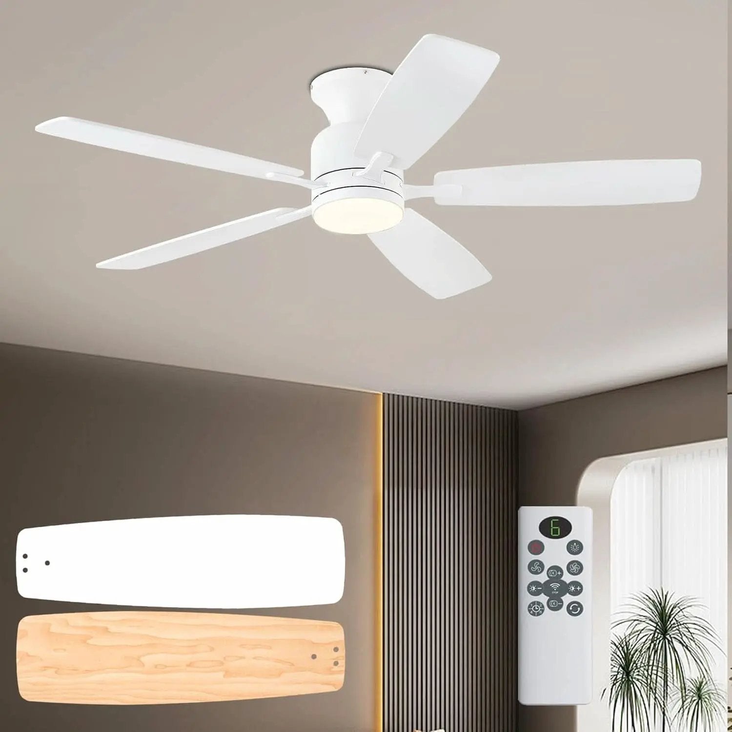 52 Inch Flush Mount Ceiling Fan Remote App Control from PriceLows™
