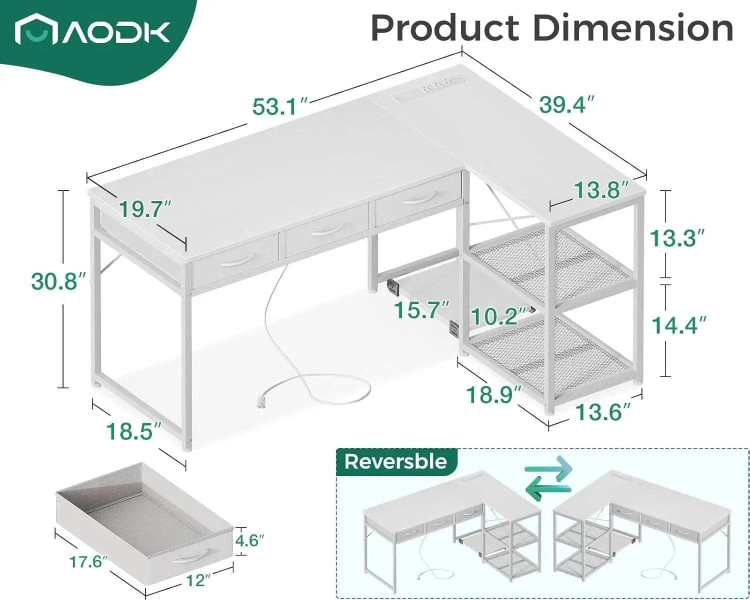 53In LShaped Computer Desk With Power Outlets Home Office from PriceLows™