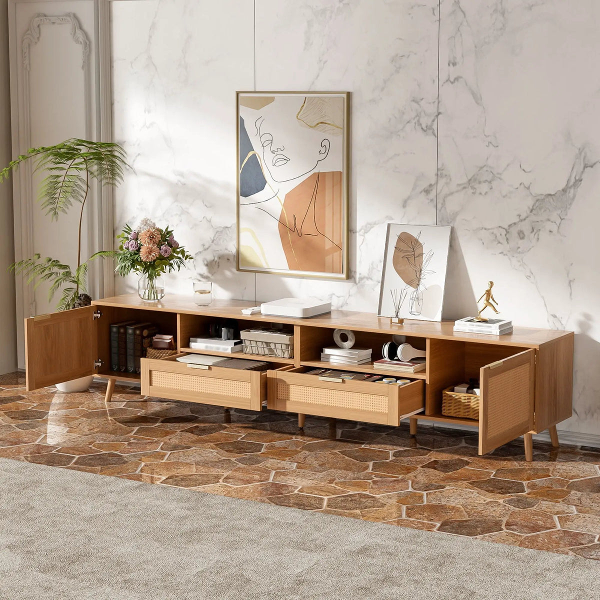 Rattan TV Stand | Media Console | Two Cabinets And Two Open Shelves | Cable Management