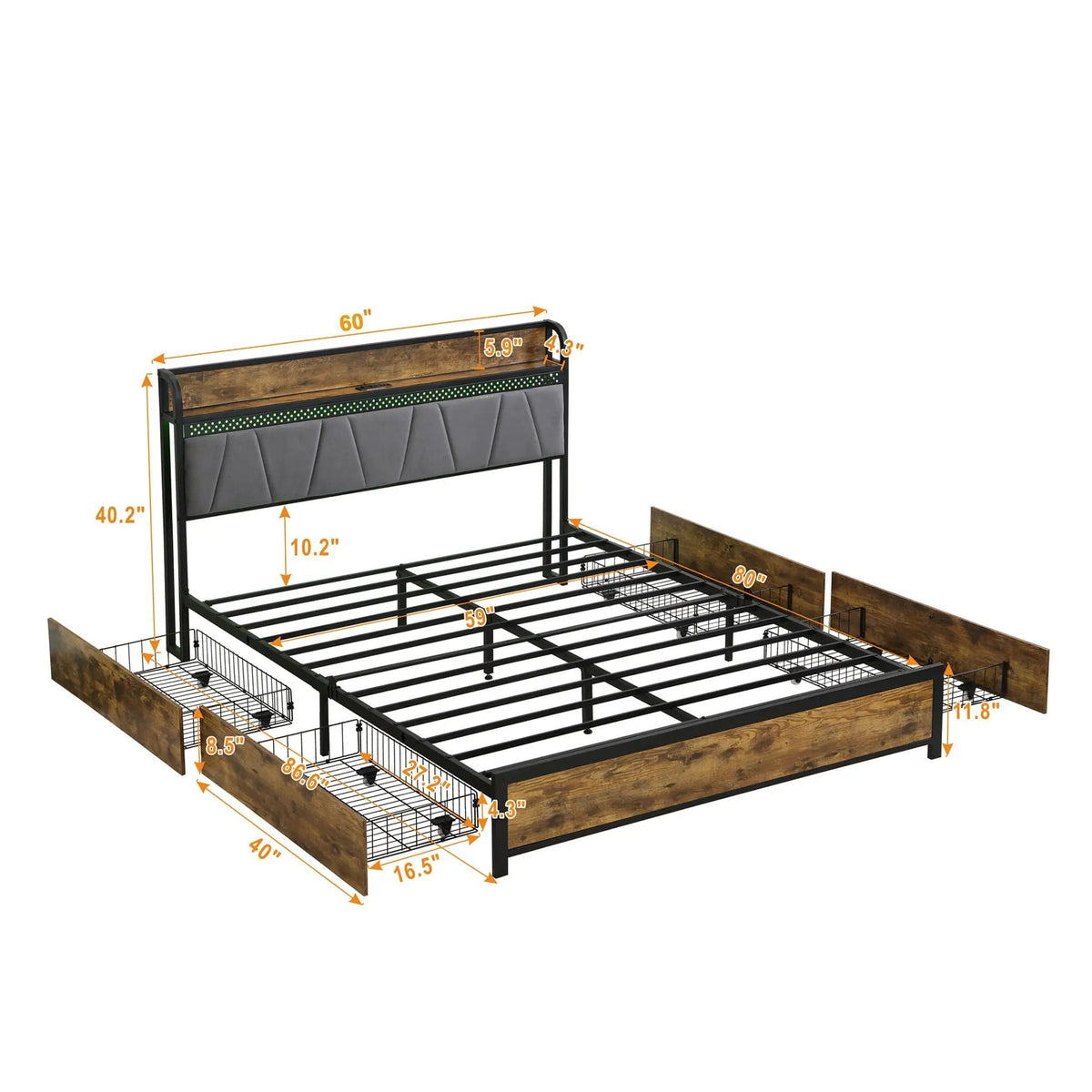 Modern Storage Bed Frame | LED Lights With Remote | Upholstered Headboard | USB Charging Station