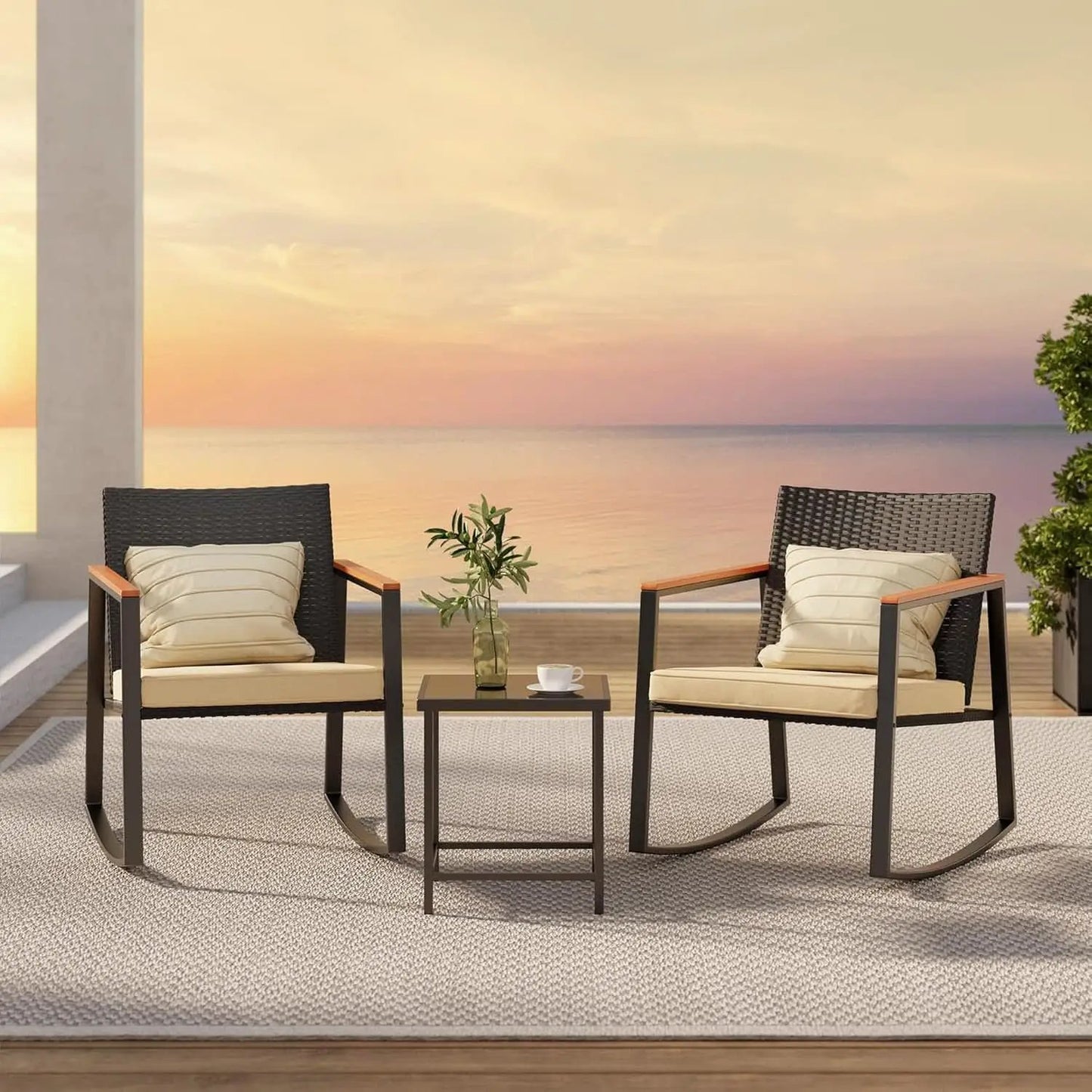 3 Piece Rocking Patio Bistro Set With Anti Scald Armrests Glass Table Cushions Outdoor Wicker Furniture from PriceLows™