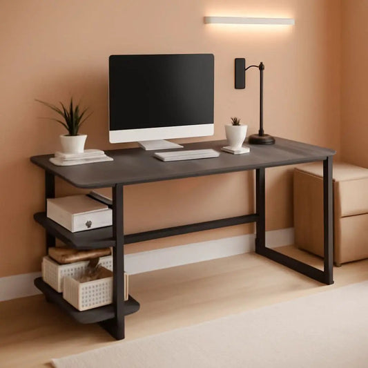 Computer Desk | Grey Wood Grain Top | Industrial Black Frame | Two Shelves, 55 Inch Wide