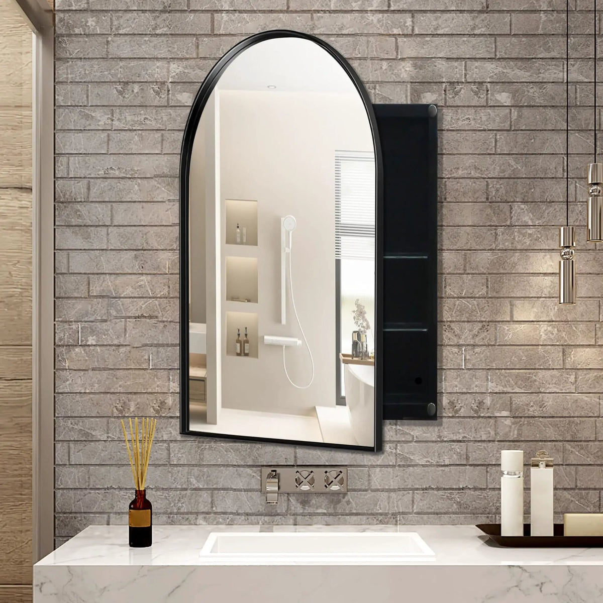 Arched Recessed Medicine Cabinet, Metal Framed Bathroom Wall Cabinet With Mirror And | 3 Pieces | Metal | Bathroom