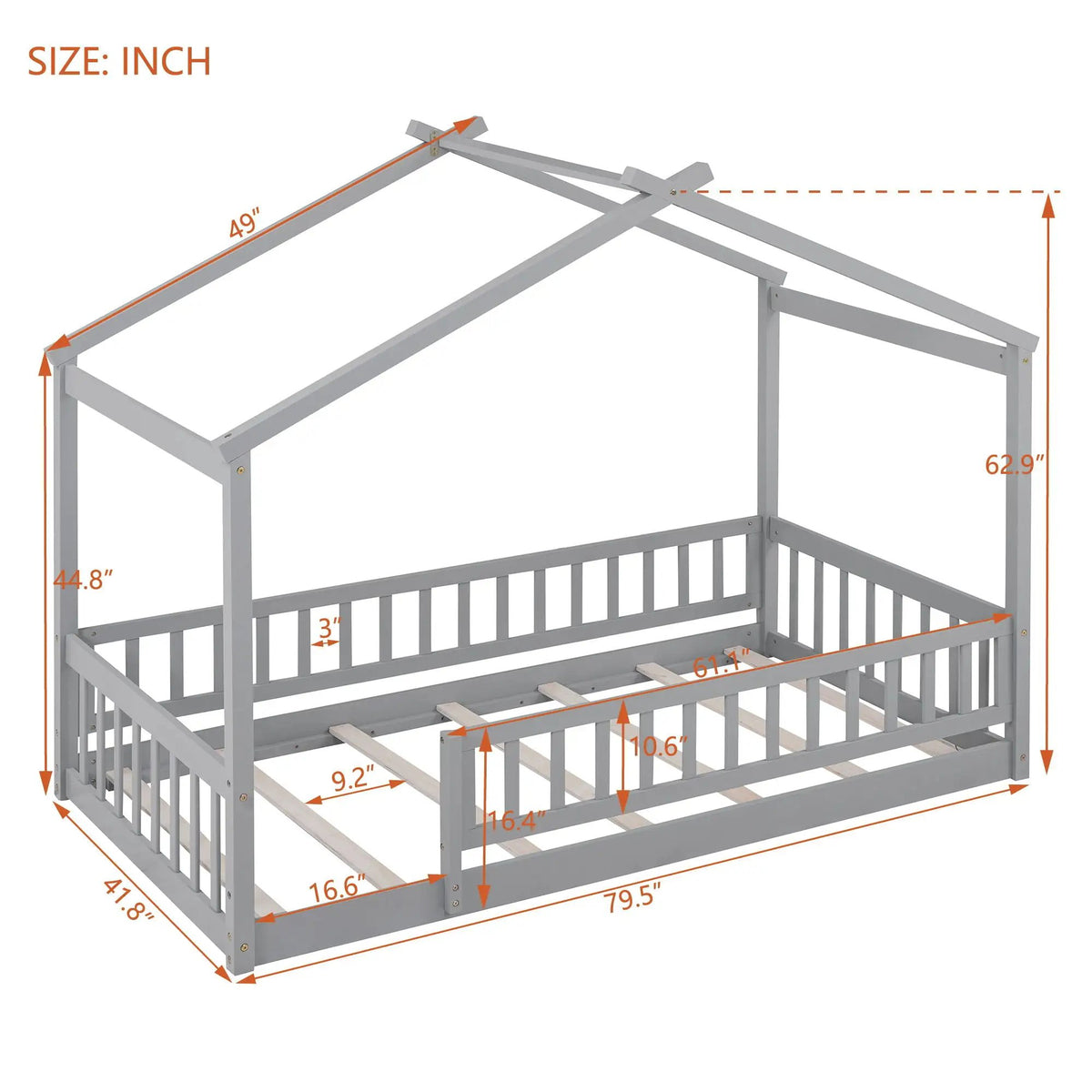 Kids Bed Frame | Playhouse Design | Roof And Fence | Toddler Size