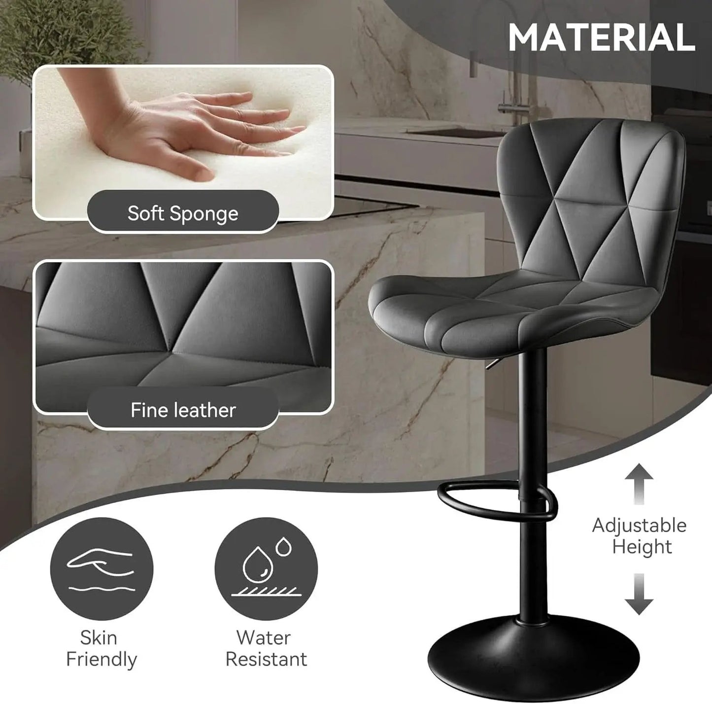 Bar Stools Set Of 2 Adjustable Swivel Faux Leather Black from PriceLows™