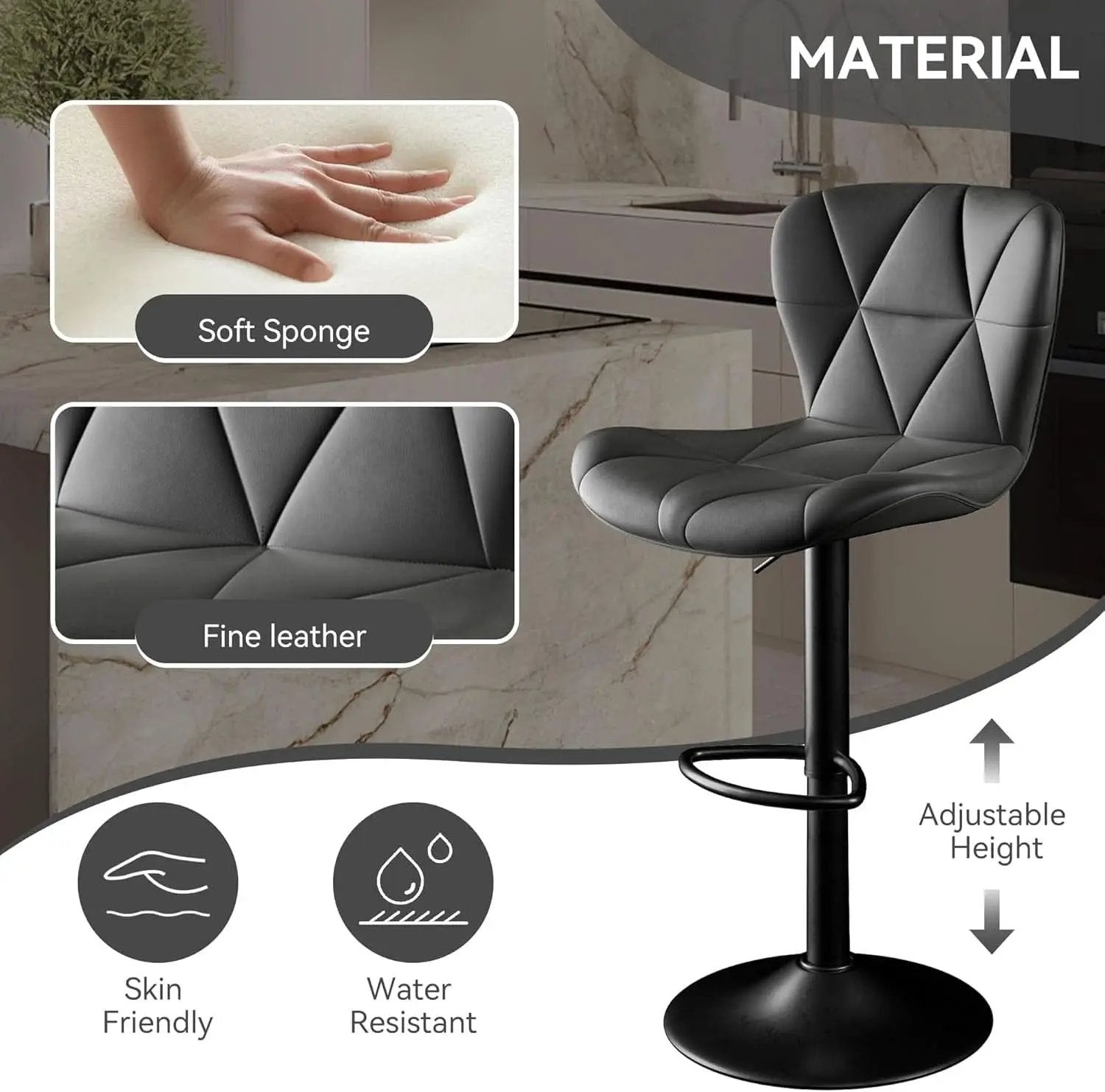 Bar Stools Set Of 2 Adjustable Swivel Faux Leather Black from PriceLows™