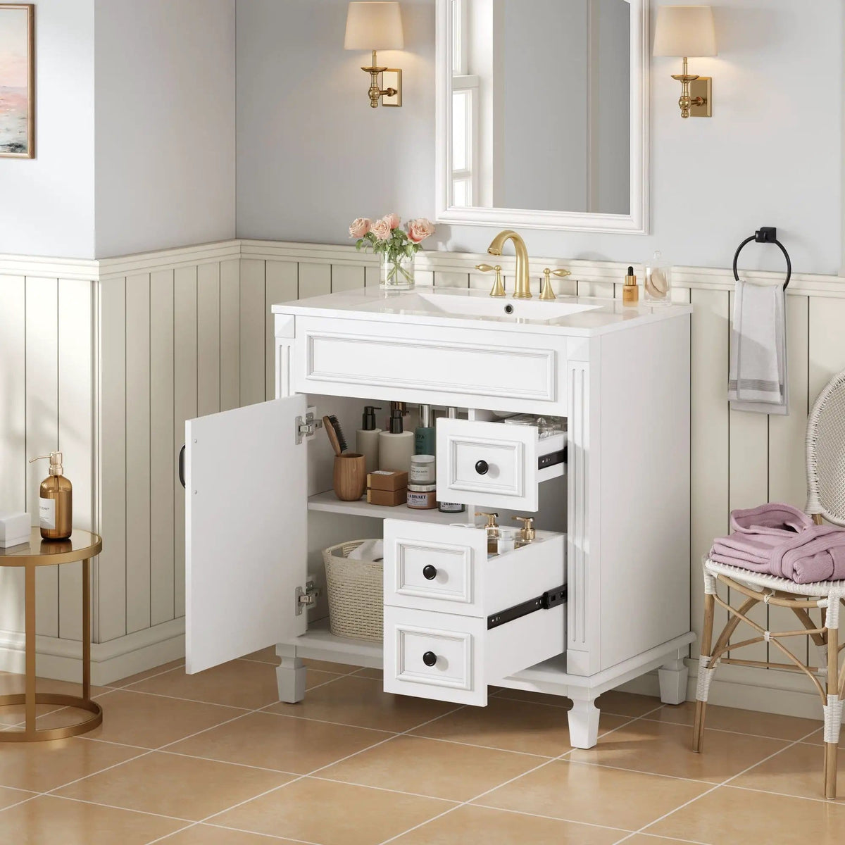 Bathroom Vanity With Sink, Cabinet With 2 Drawers And Adjustable Shelf | 2 Pieces | Solid Wood & Iron | Bathroom