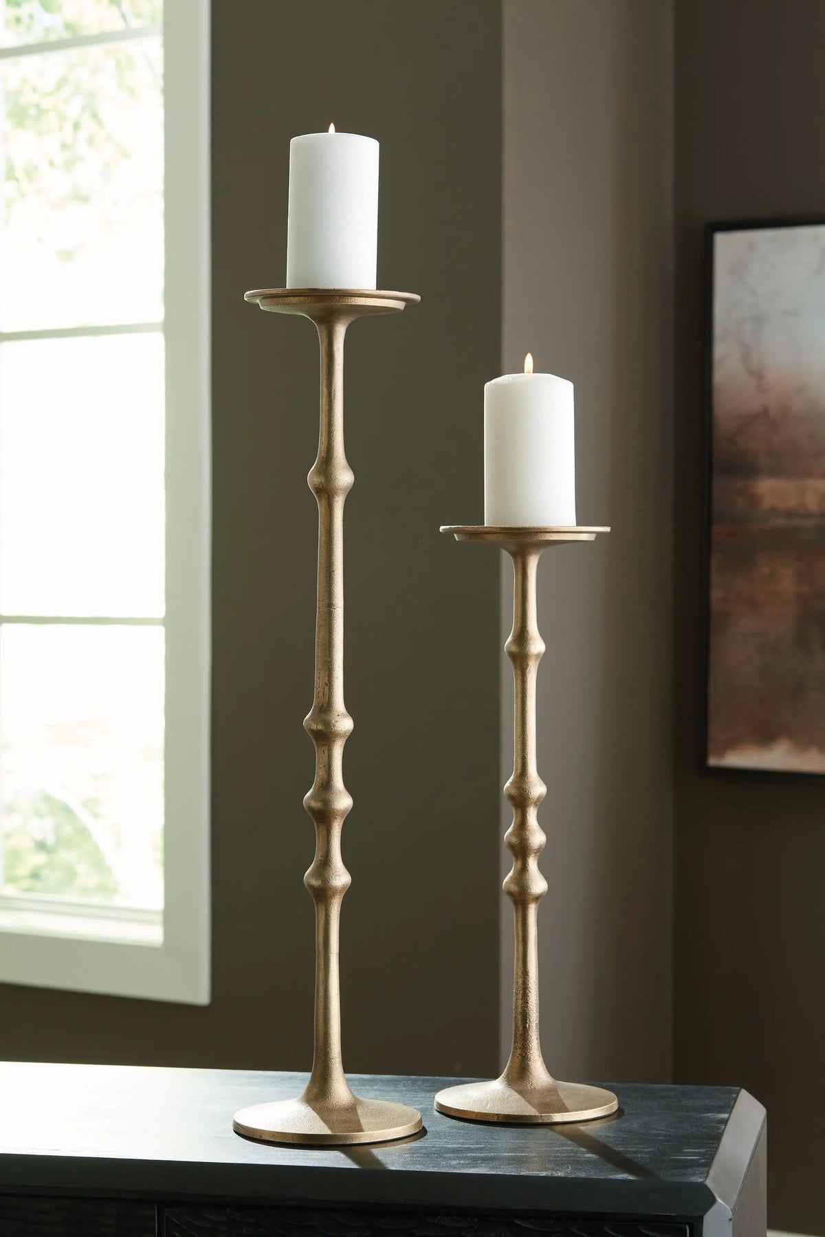 Larwick Candle Holder Set (Set of 2) | 6 x 6 x 26.88 in | Metal & Aluminum | Antique Brass Finish