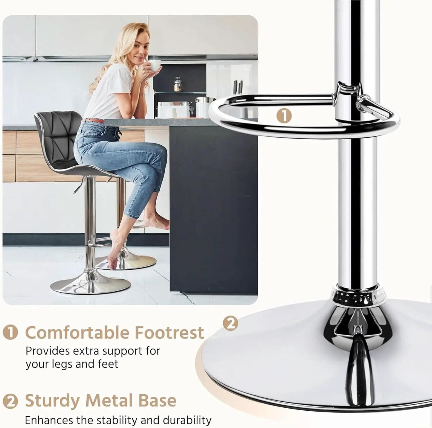 Grey Adjustable PU Leather Swivel Bar Stools Set of 2, Counter Height from PriceLows™