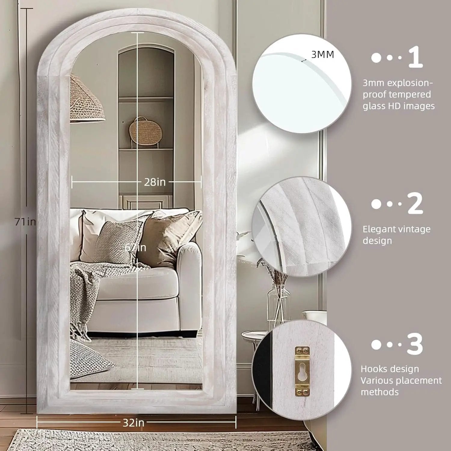 Arched Full Length Mirror With Solid Wood Frame 71x32 Rustic White from PriceLows™