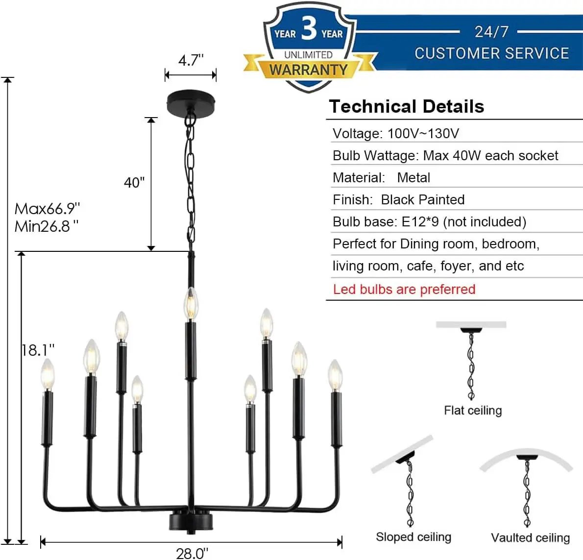 Black Farmhouse Chandelier 9 Light Dining Room Rustic from PriceLows™