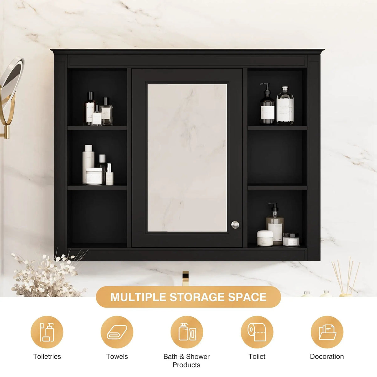 Wall Mounted Medicine Cabinet | Adjustable Interior | 6 Open Shelves