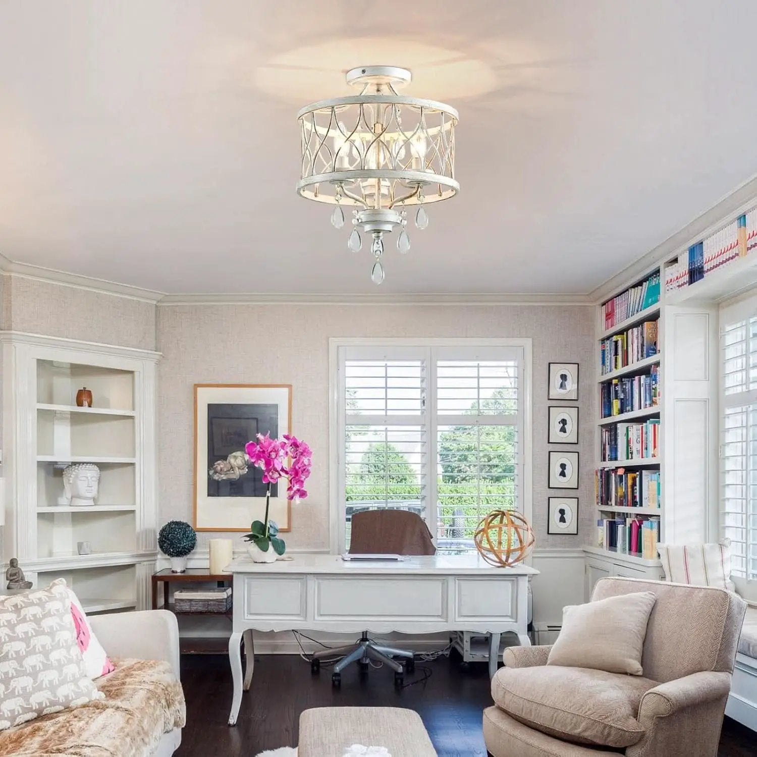 Farmhouse Crystal Ceiling Light Three Light White Fixture from PriceLows™