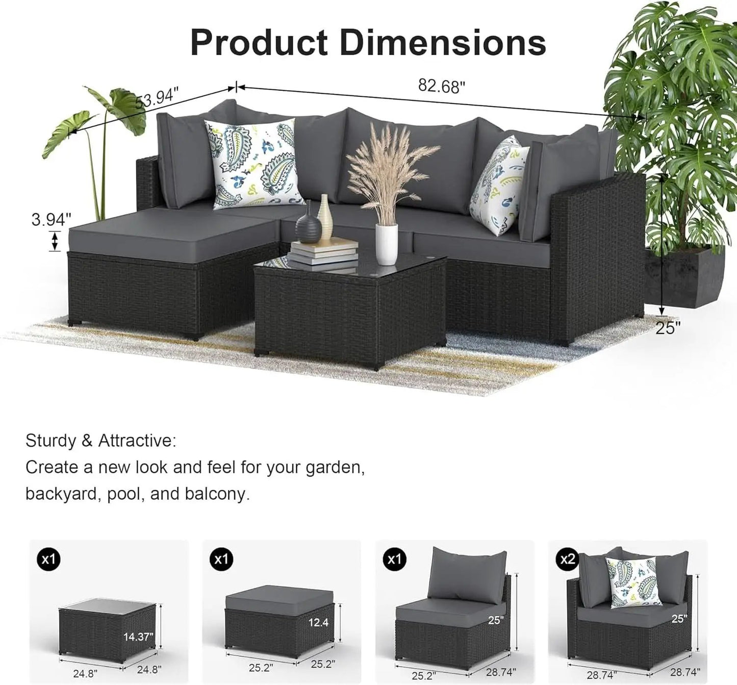 5 Piece Patio Furniture Set Waterproof Rattan Grey Cushions from PriceLows™