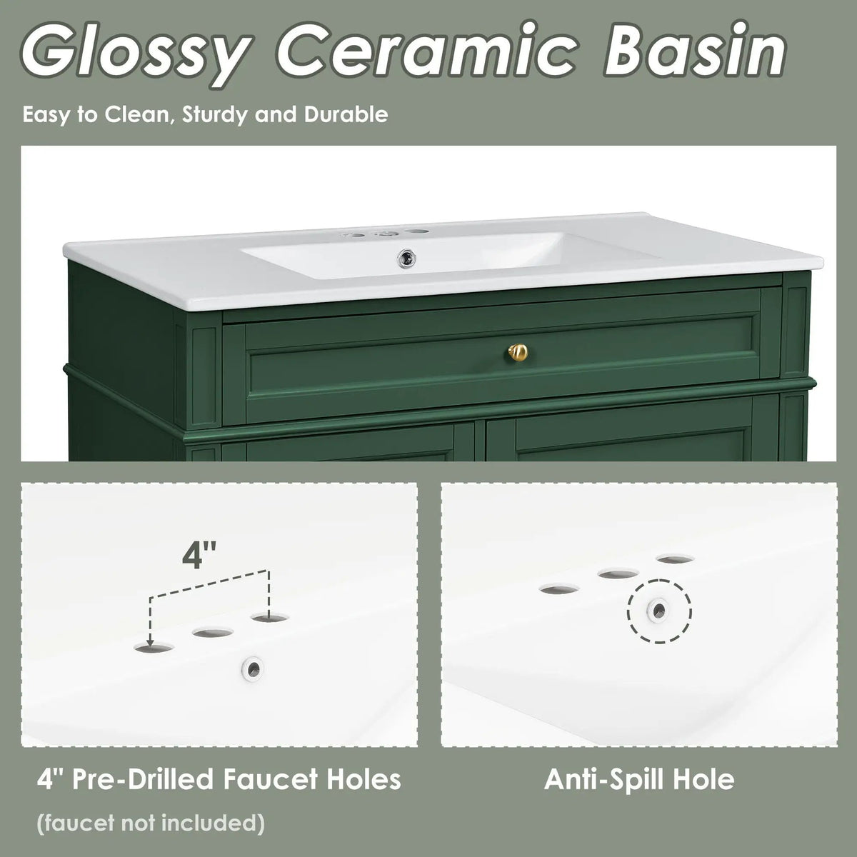 36 Inch Bathroom Vanity With Top Sink | 3 Drawers | Metal Drawer Slides | Ceramic Sink