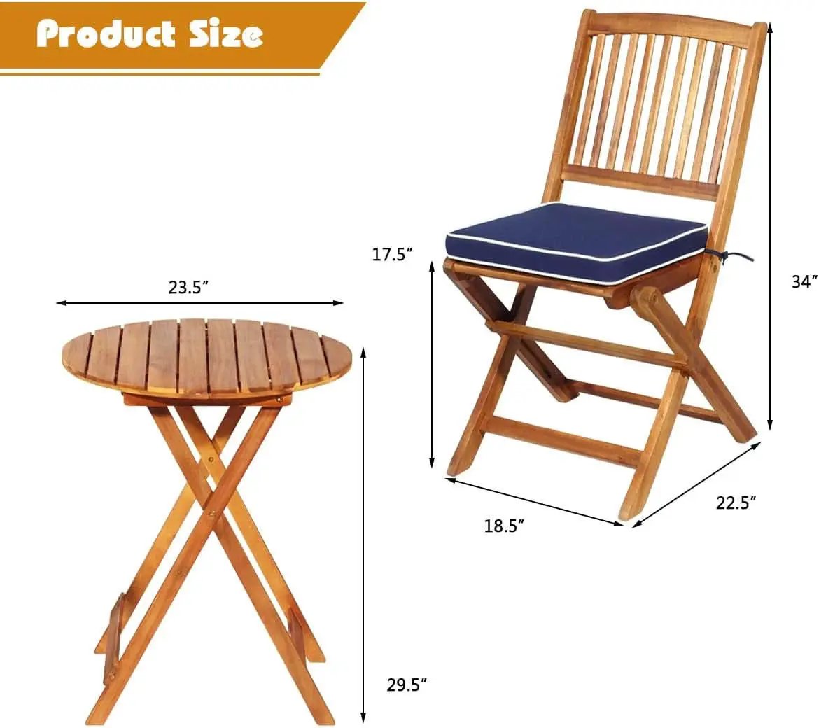 Patio Bistro Set With Wood Table And Navy Cushioned Chairs from PriceLows™