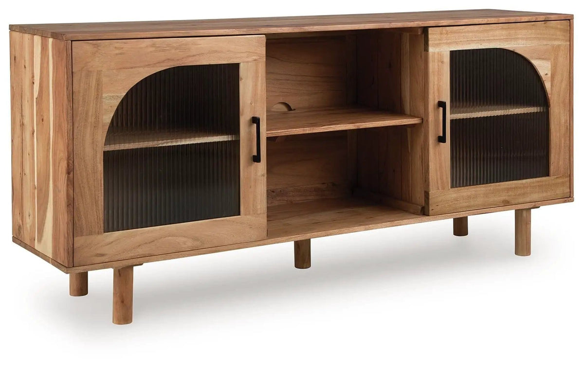 Adway Accent Cabinet | 64.13 x 16.13 x 29.88 in | Acacia Wood & Glass | Natural Brown