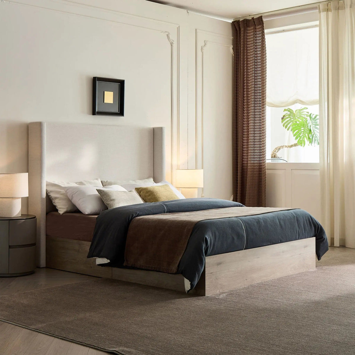 Shelton Queen Upholstered Wingback Bed With 54" High Headboard | 84 x 67.1 x 54 in | Metal | Ivory / Light Gray / Camel Oak