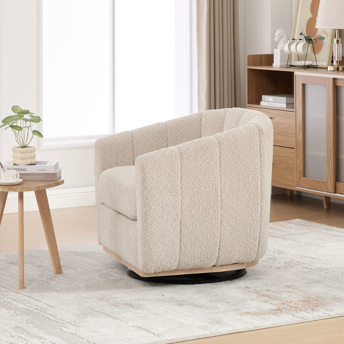 Swivel Upholstered Barrel Chair With Metal Base | Swivel Chair | Fabric & Iron | Home