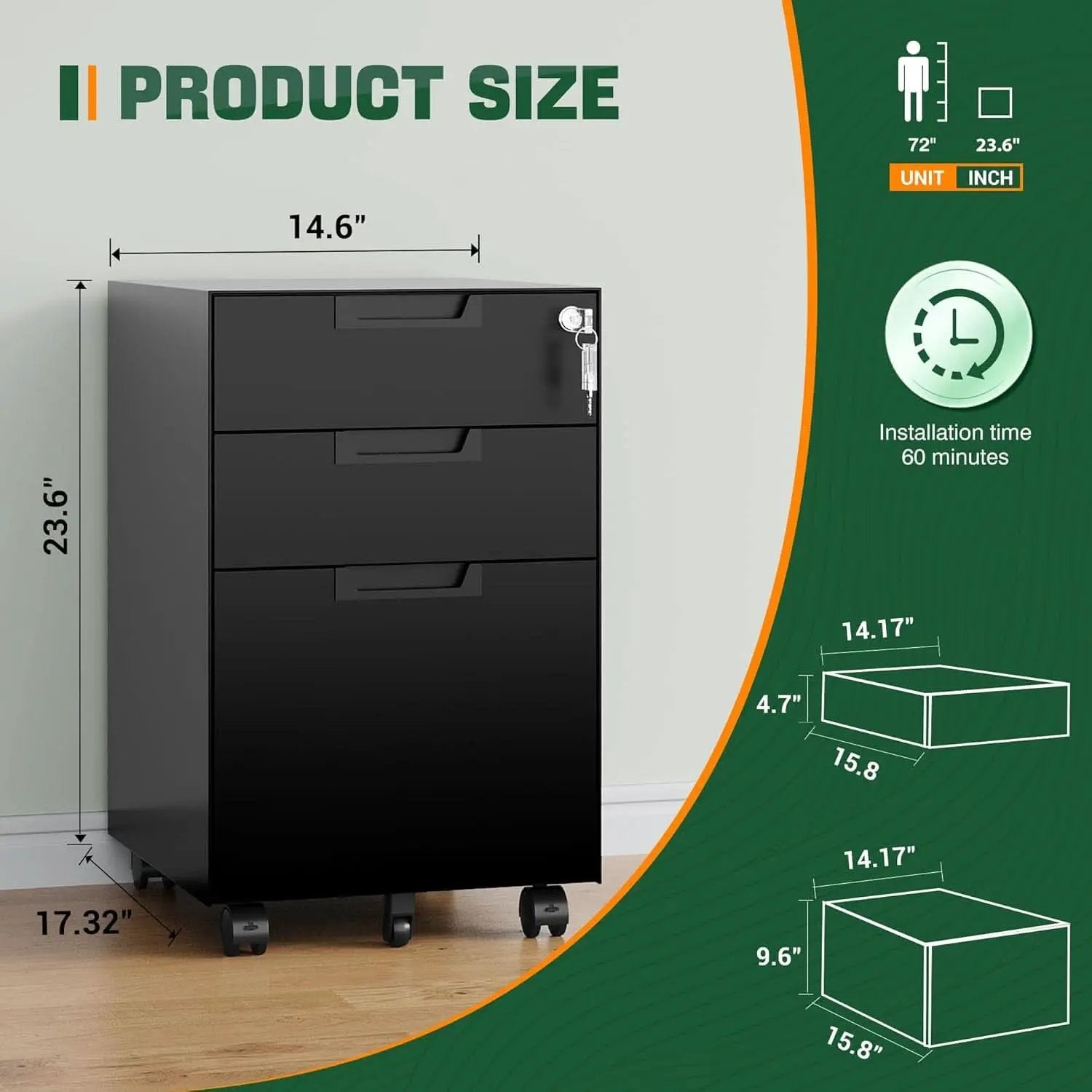 3 Drawer Mobile File Cabinet With Lock In Black Metal Under Desk Organizer For Letters Legal A4 from PriceLows™