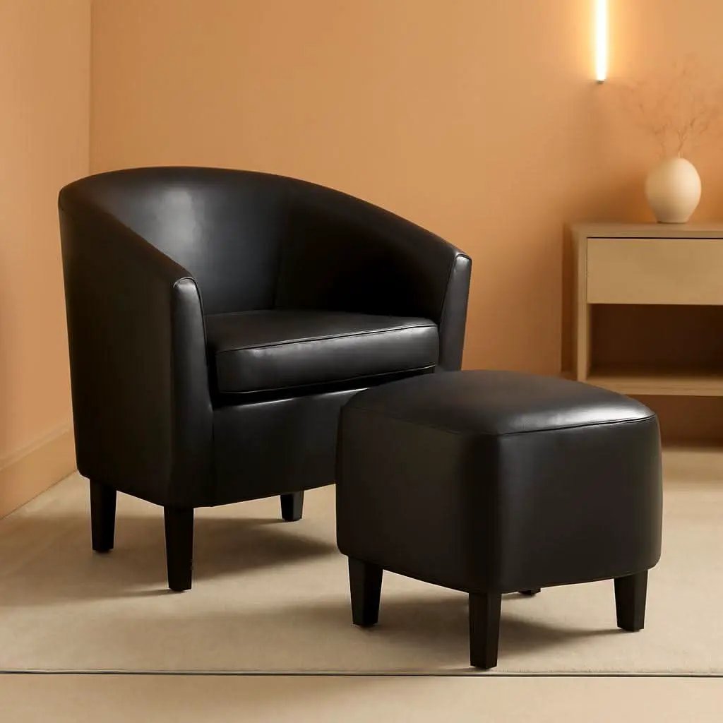 Modern Black Faux Leather Accent Chair With Ottoman Set from PriceLows™