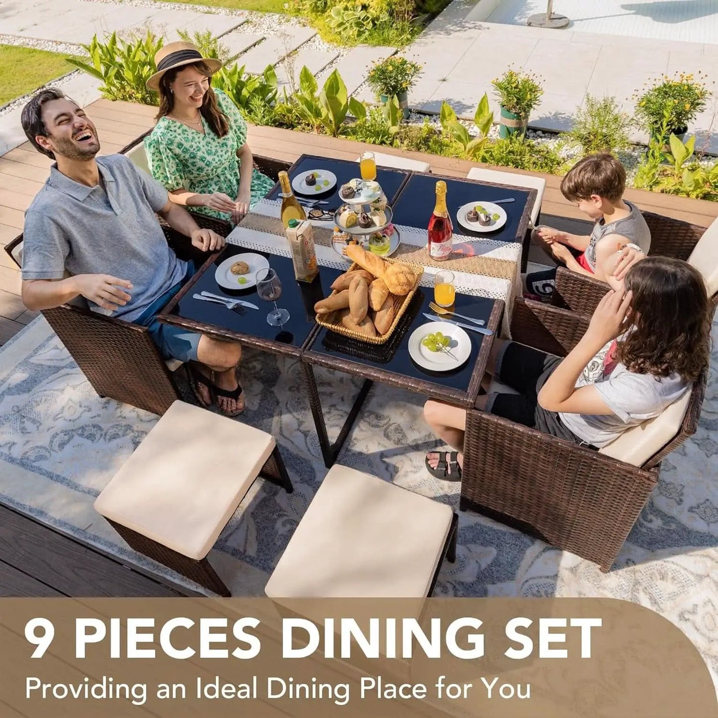 9 Piece Outdoor Patio Dining Set Rattan Chairs With Glass Table Beige Cushioned from PriceLows™