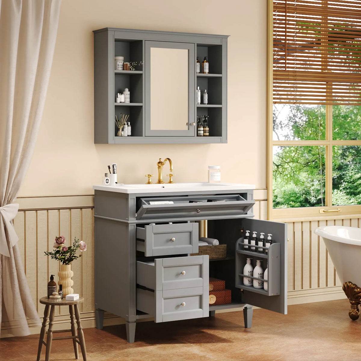 Bathroom Vanity With Mirror Cabinet | Single Sink | Soft Close Doors And Drawers