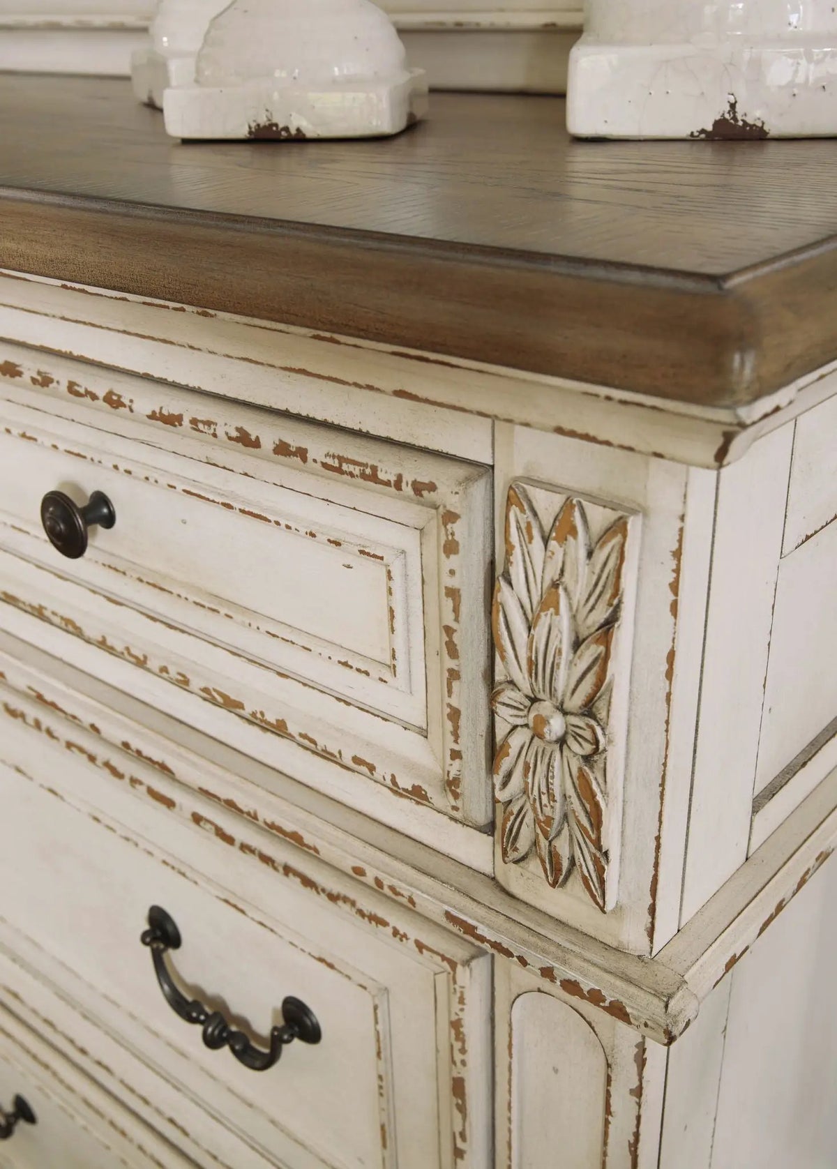 Realyn Dresser | Traditional Cottage Style | Antiqued Two-Tone Finish | Chipped White