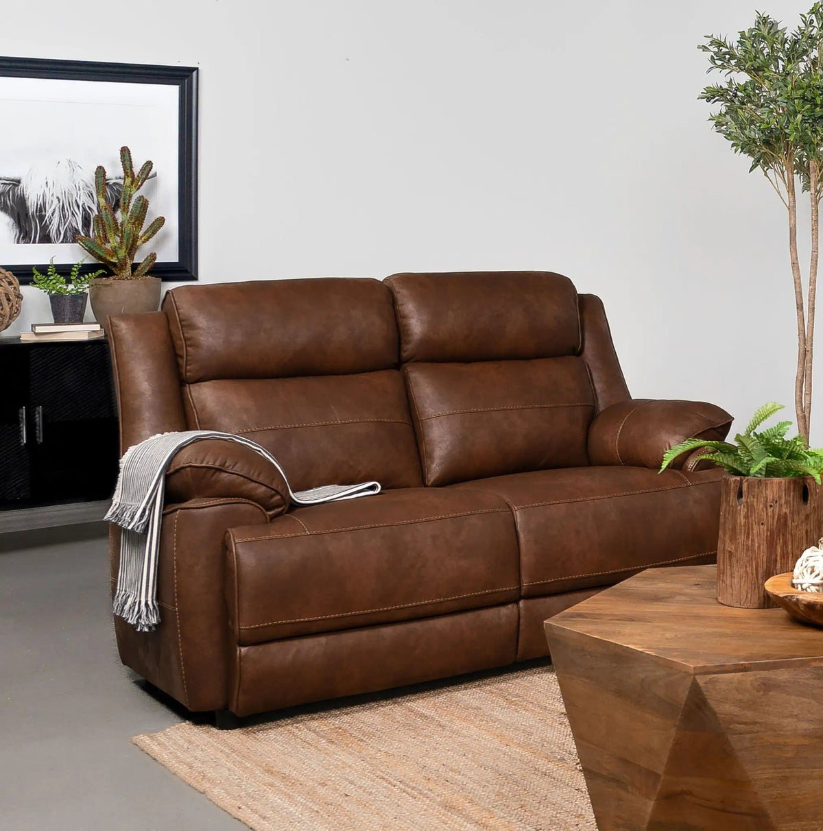 Ellington Upholstered Padded Arm Loveseat | 63 x 39 x 40.5 in | Faux Leather | Dark Brown
