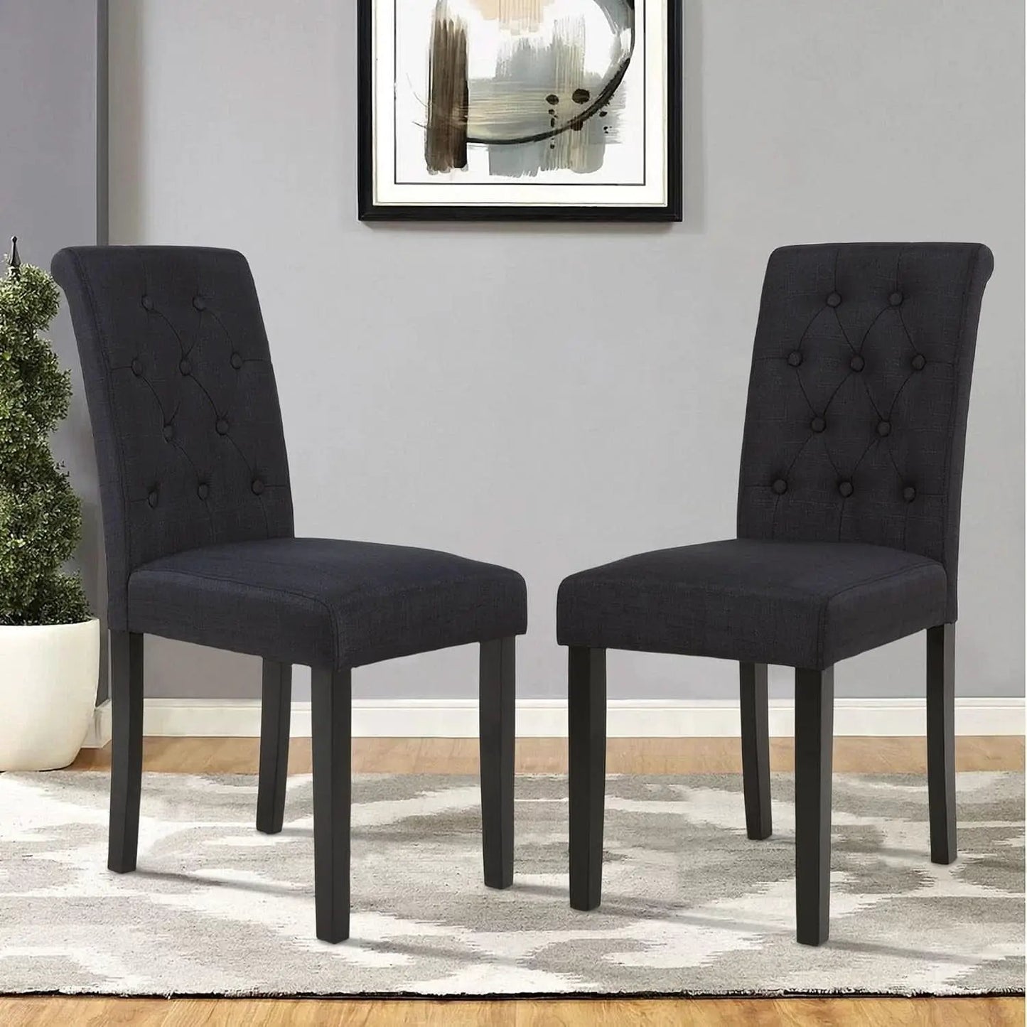 Two Upholstered Fabric Dining Chairs Button Tufting Black from PriceLows™