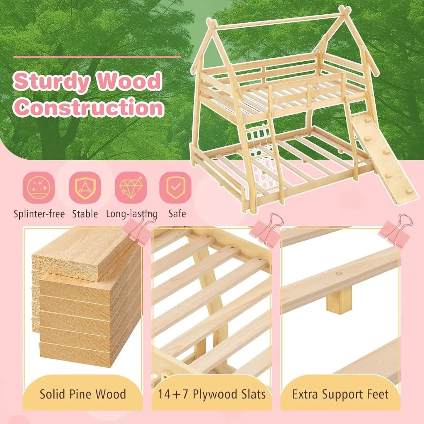 Twin Over Queen Bunk Bed With Climbing Nets Ramp Natural from PriceLows™