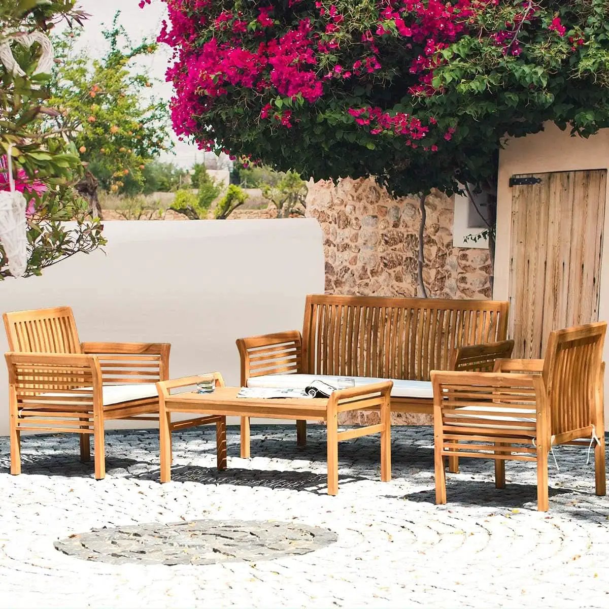 Outdoor Acacia Wood 4 Piece Sofa Set With Water Resistant Cushions Coffee Table from PriceLows™
