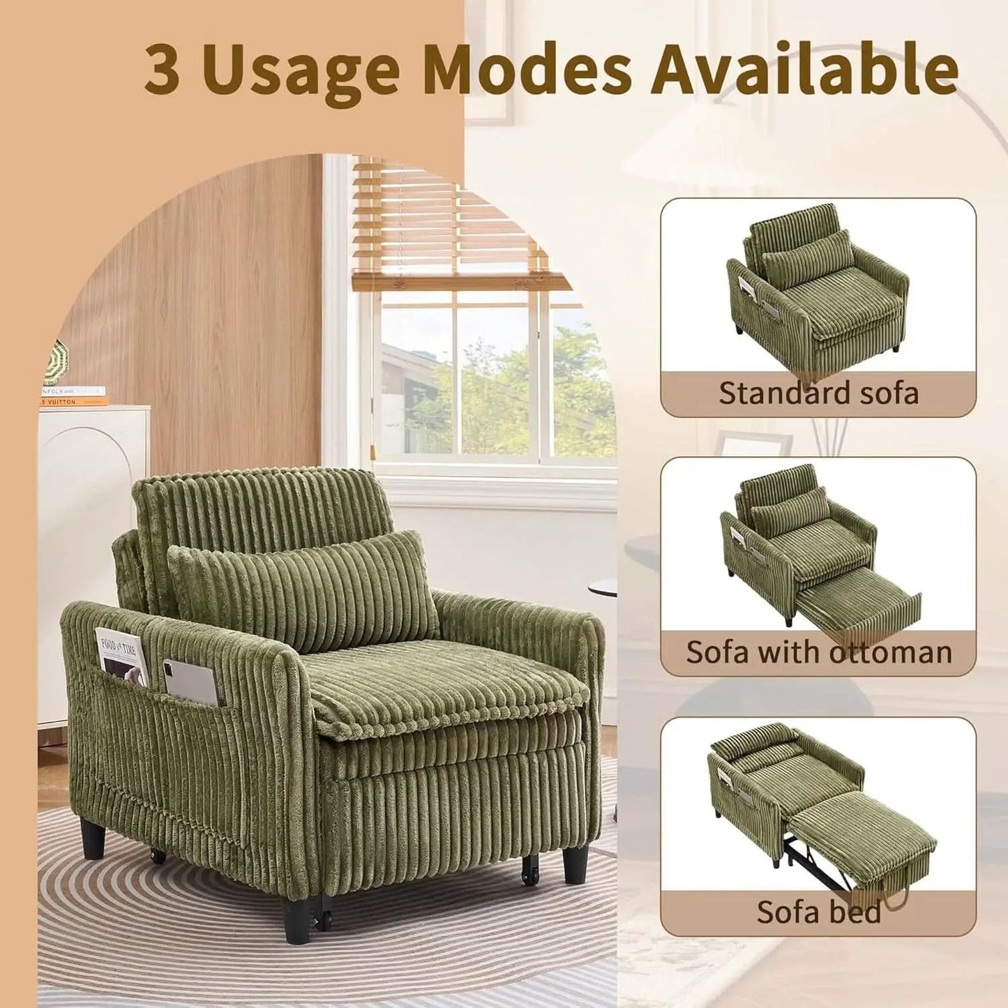 Corduroy Convertible Sofa Bed With Forest Green Fabric from PriceLows™