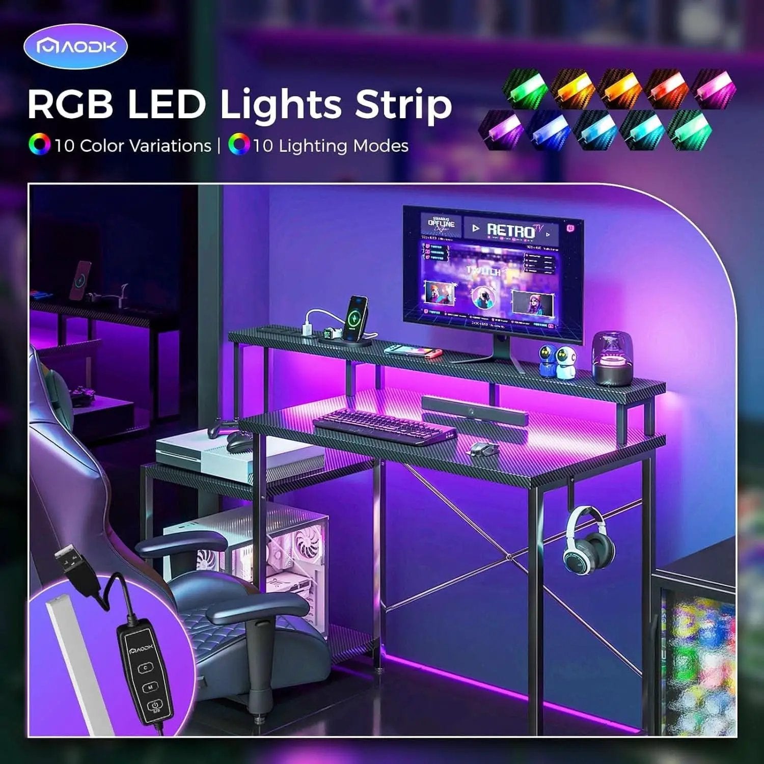 48 Inch LED Gaming Desk With Power Outlet And Shelves from PriceLows™