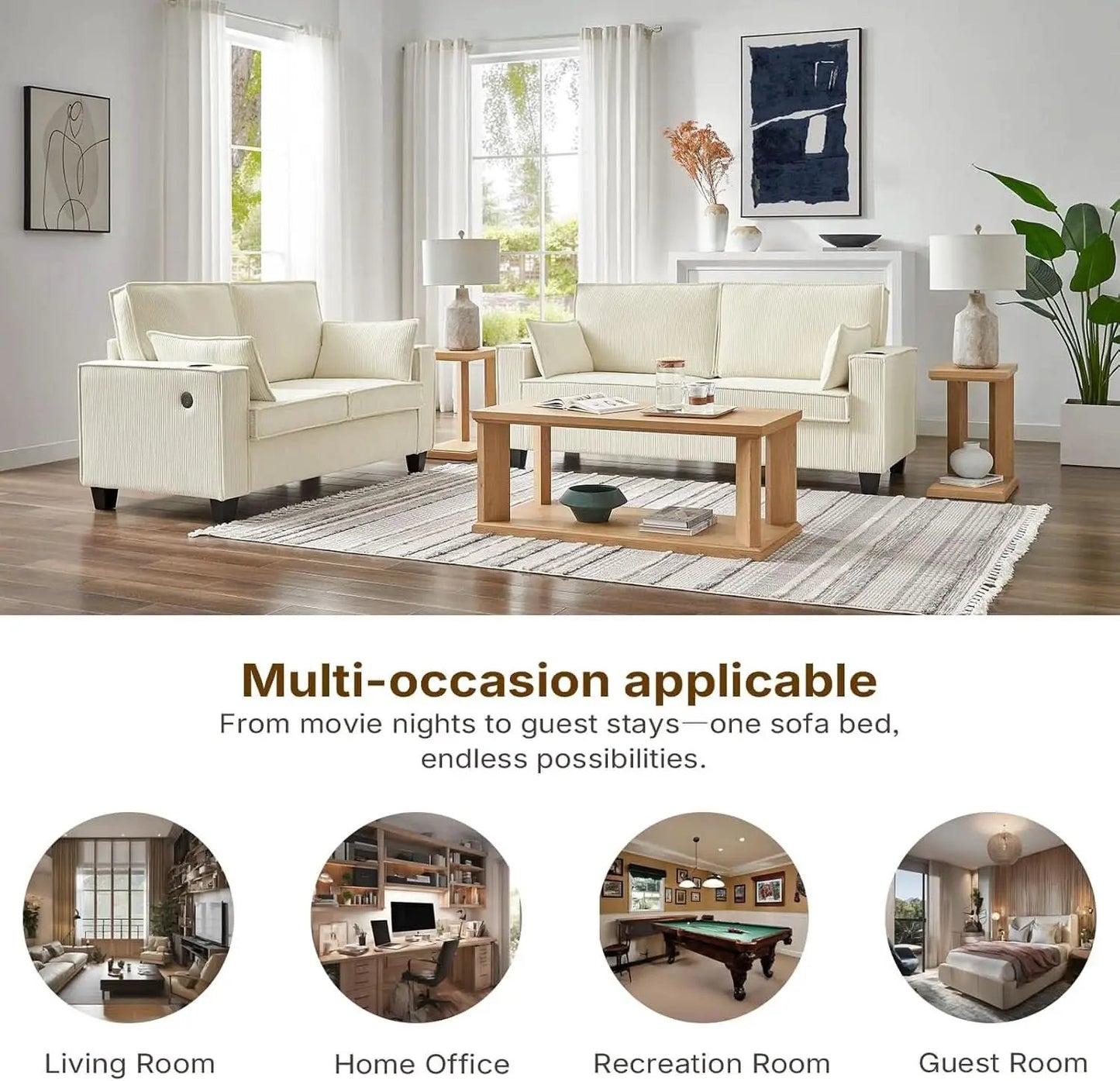 Beige 65-Inch Sleeper Sofa Bed, 2-in-1 Convertible from PriceLows™