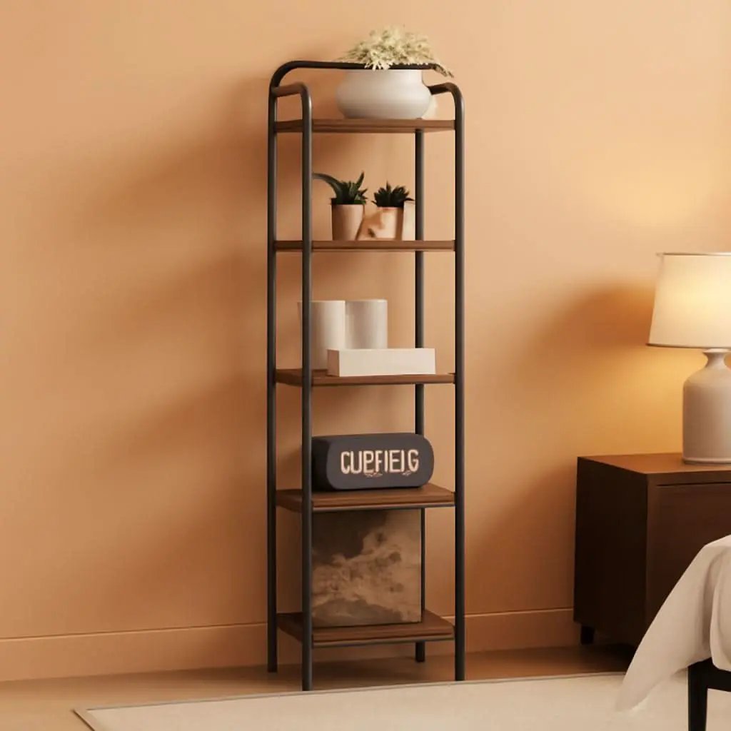 5-Tier Industrial Corner Shelf Narrow Rustic Black Bookcase from PriceLows™