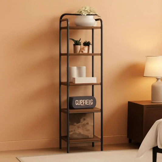 5-Tier Industrial Corner Shelf Narrow Rustic Black Bookcase from PriceLows™