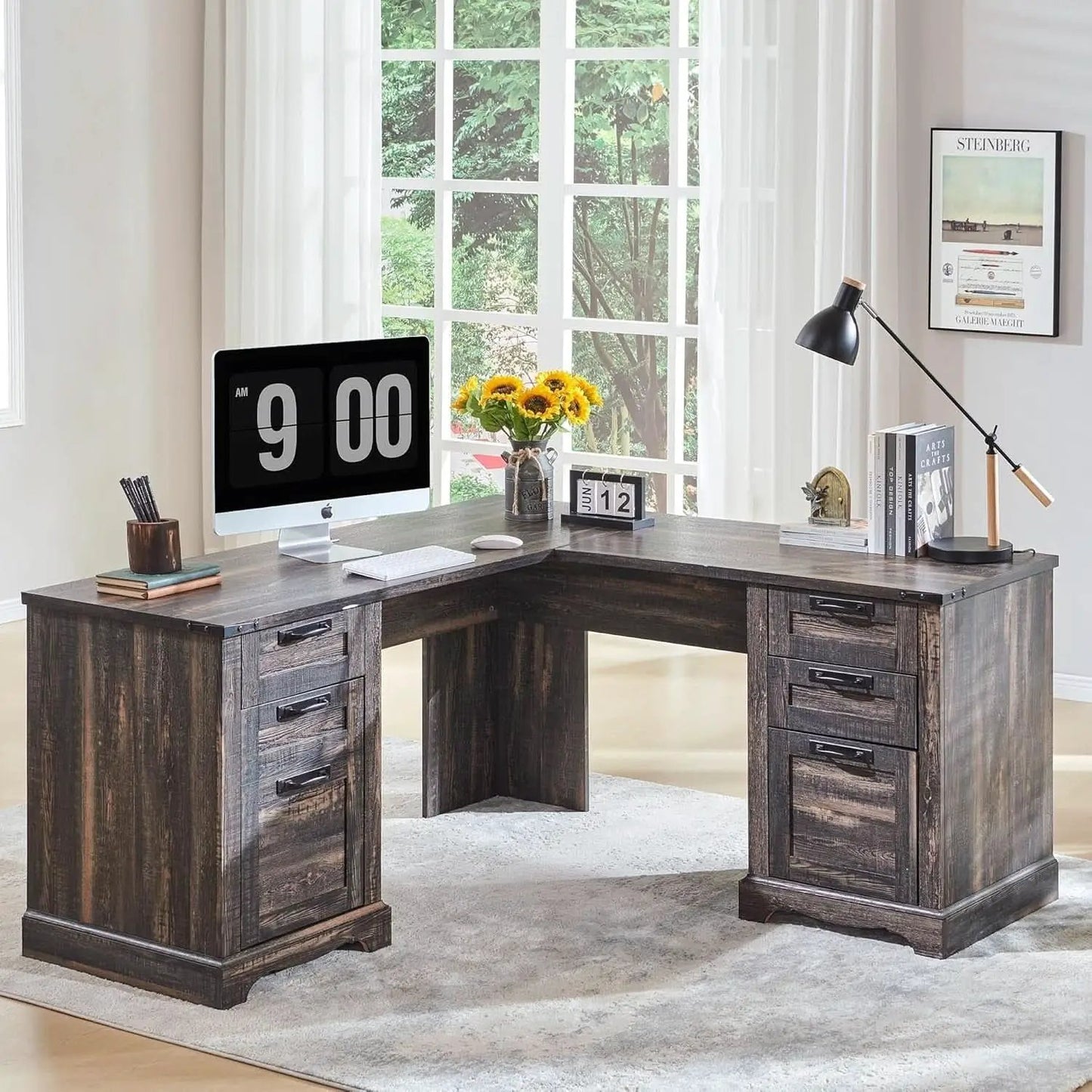 60In Farmhouse L Shaped Desk With Drawers Charging Oak from PriceLows™