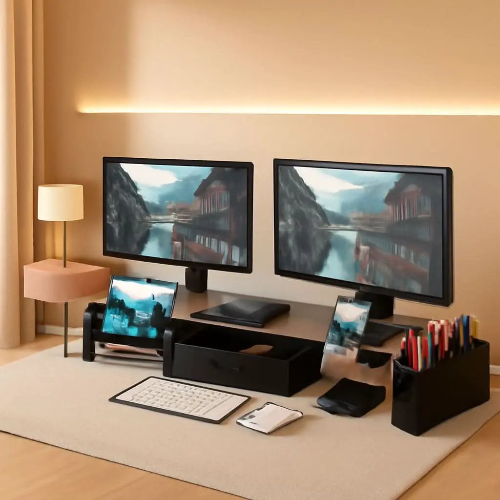 Desk Dual Monitor Stand Riser With Drawer Rustic Brown from PriceLows™