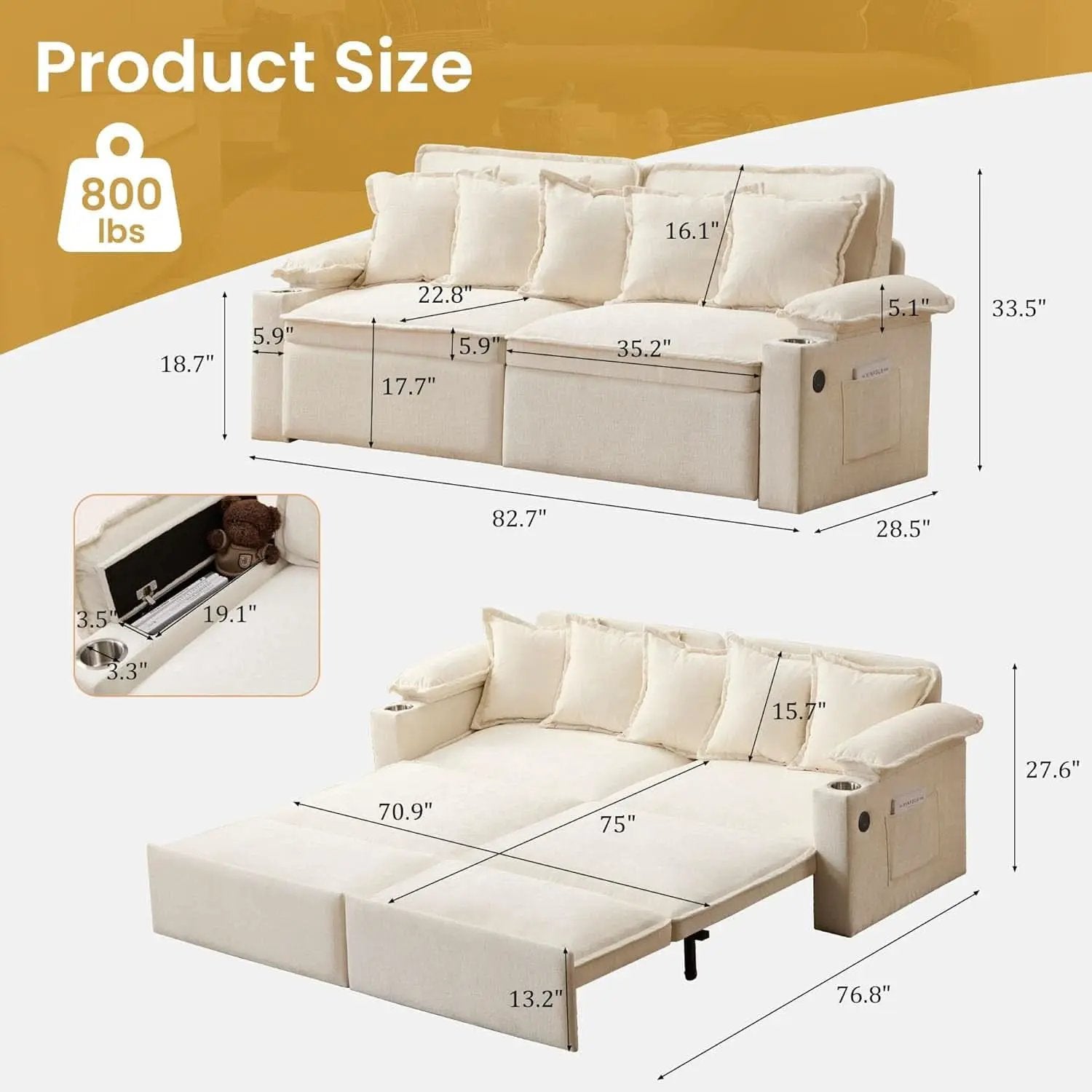 King Size Beige Ultra Luxurious Sleeper Sofa USB Ports Pro from PriceLows™