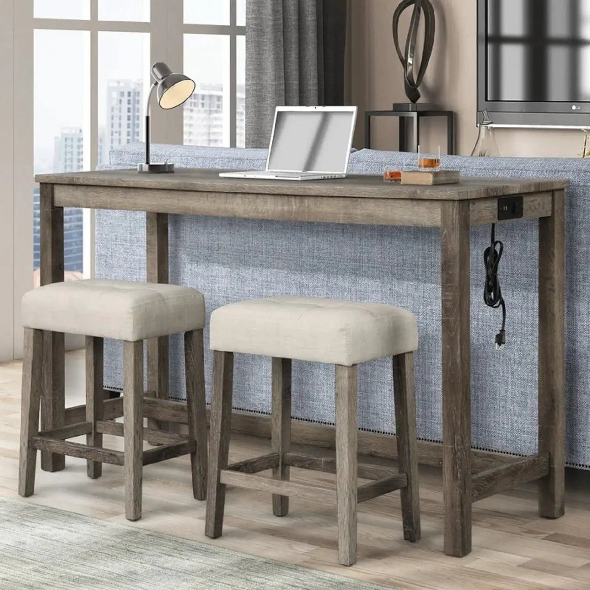 3 Piece Counter Bar Set | Usb And Outlet | Tufted Upholstered Seats | Brown