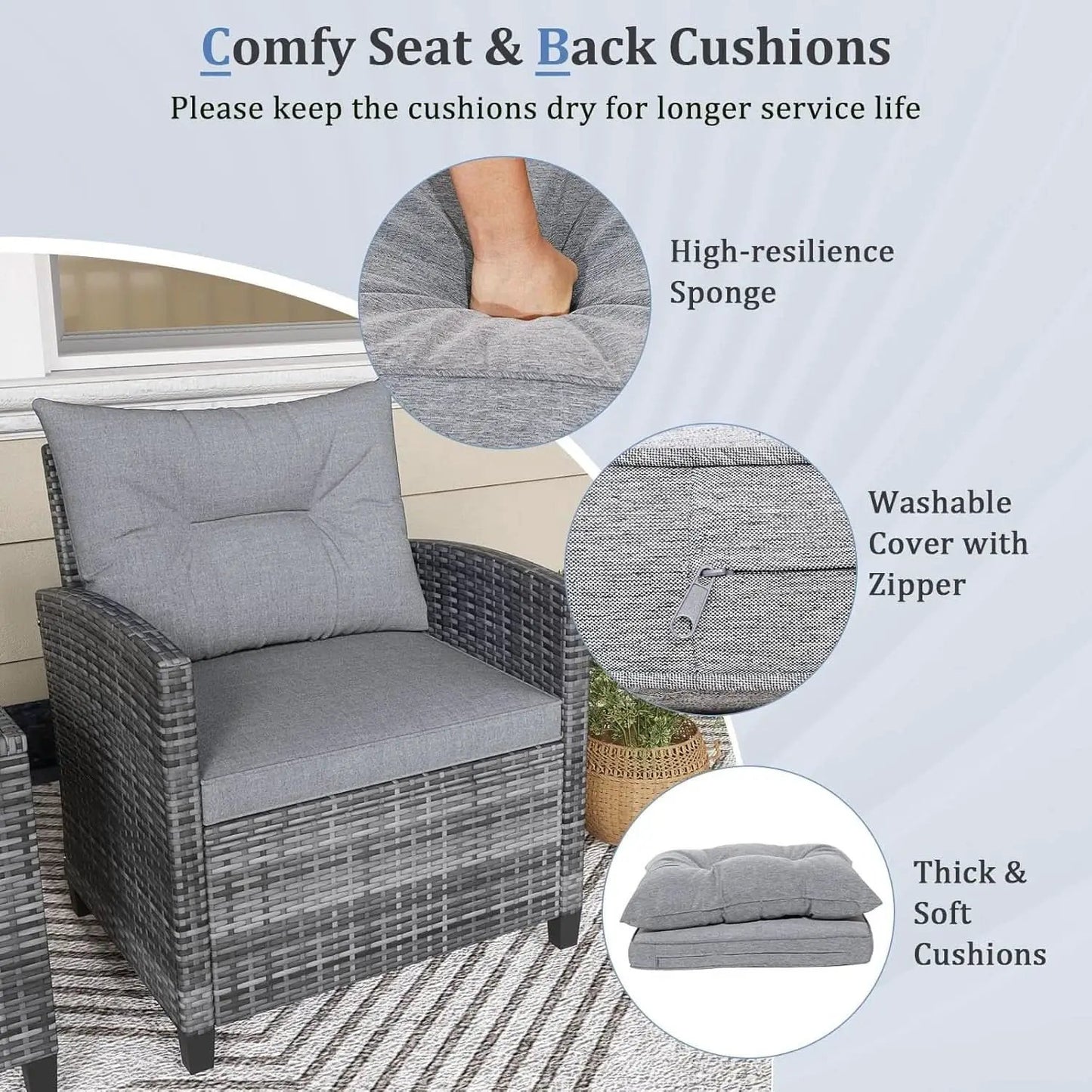 3 Piece Patio Furniture Set Outdoor PE Rattan Conversation Set With Washable Cushions And Tempered Glass Table Grey from PriceLows™