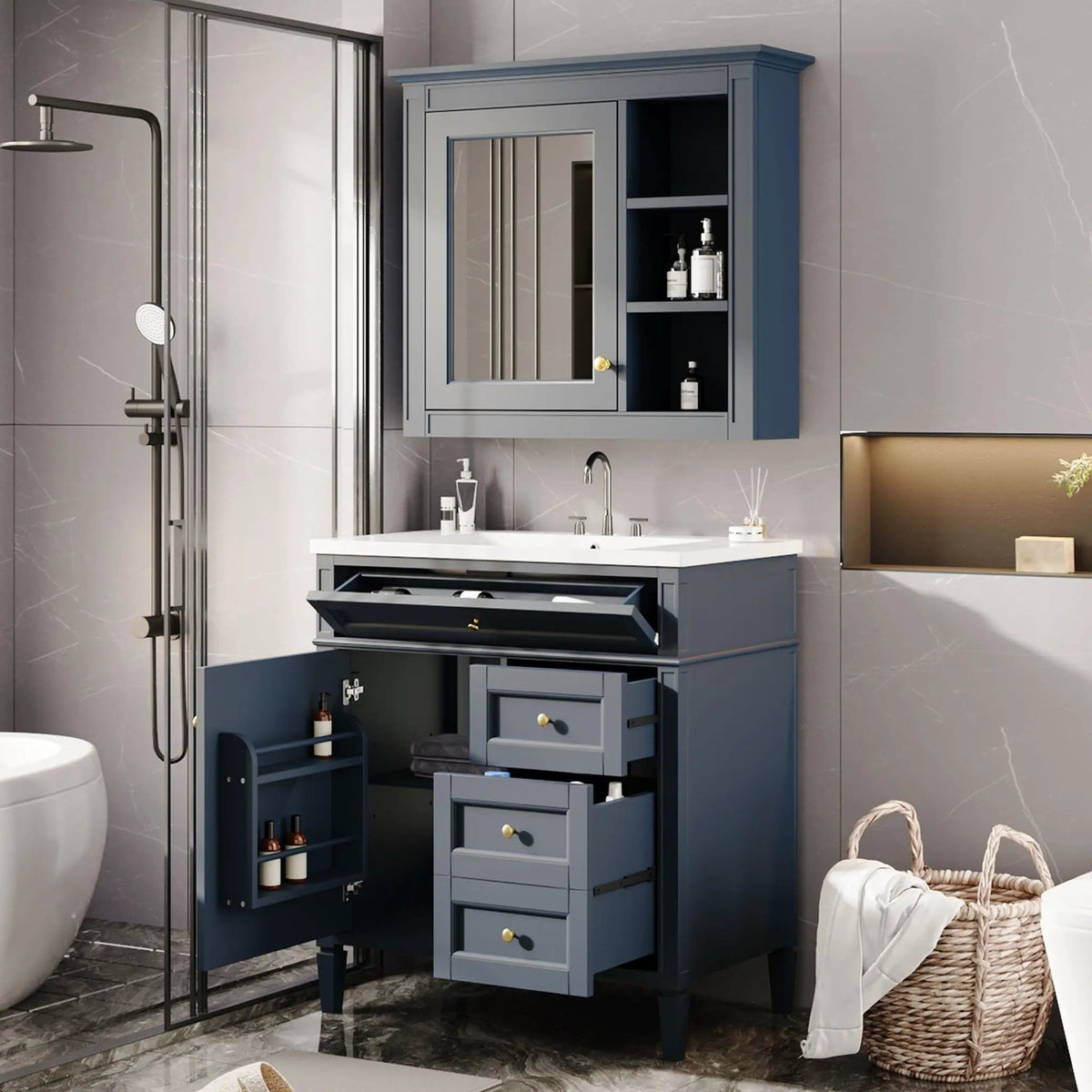 Bathroom Vanity With Top Sink, 2 Doors And 3 Drawers, Freestanding Set With Mirror | Vanity & Cabinet | Solid Wood & Ceramic | Bathroom